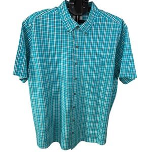 HB Mens 1XL Short Sleeve Button Down Shirt Teal White Plaid Cotton Blend Casual